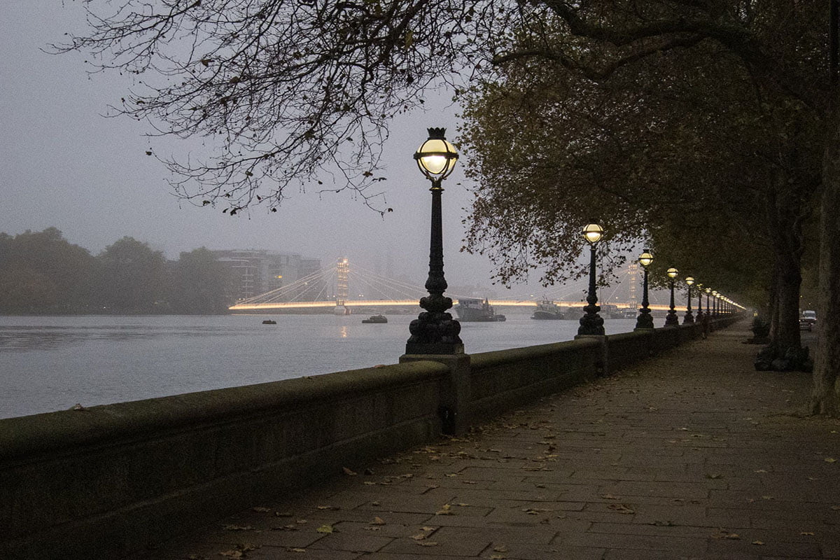 The Embankment and Albert Bridge at dusk